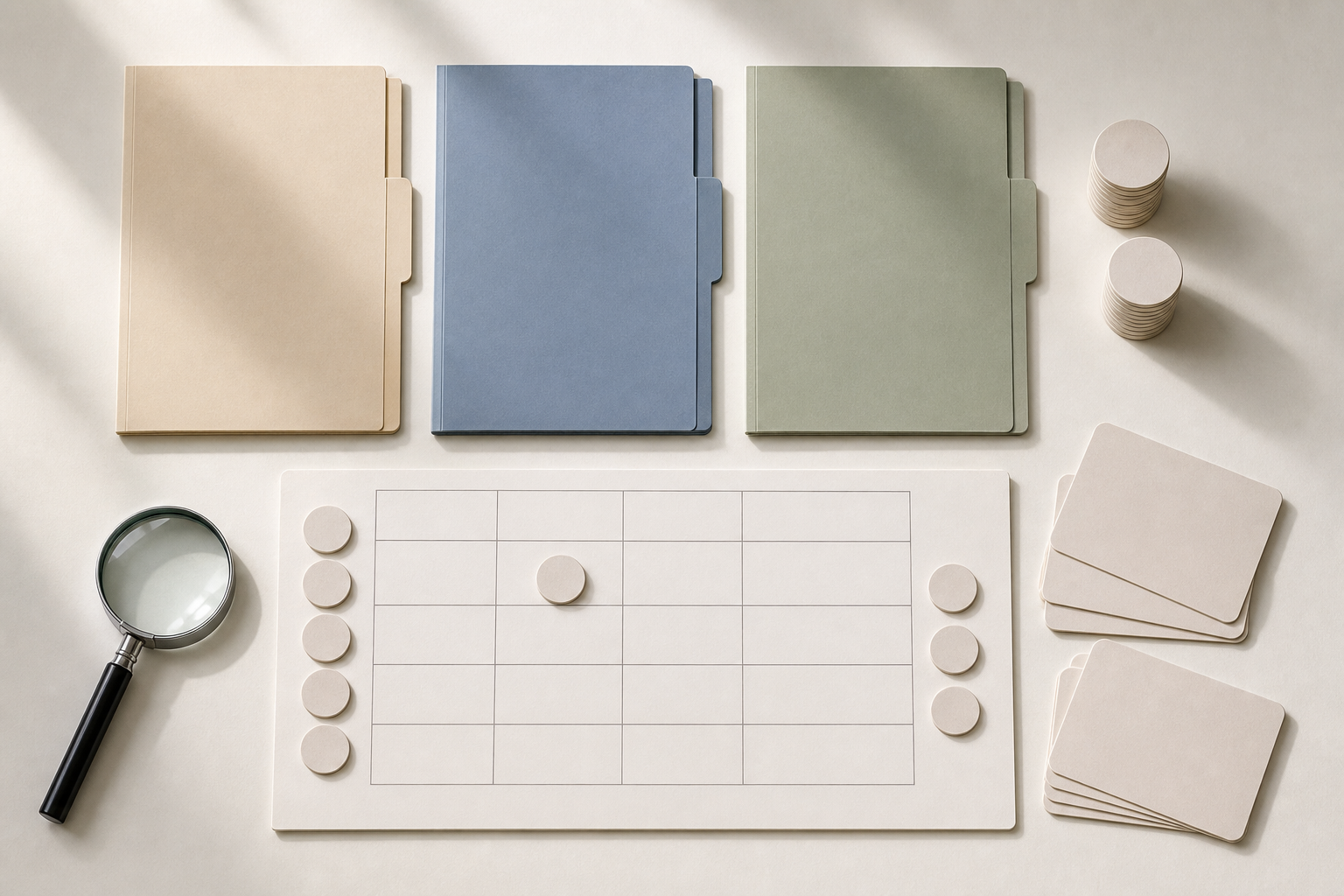 Three proposal folders, blank question cards, scoring tokens, and a magnifying glass are arranged for a consistent agency evaluation.