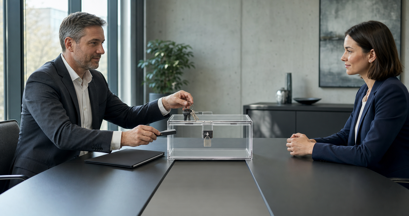 A business leader and agency representative place access keys, a folder, and a drive into a transparent lockbox during a meeting.