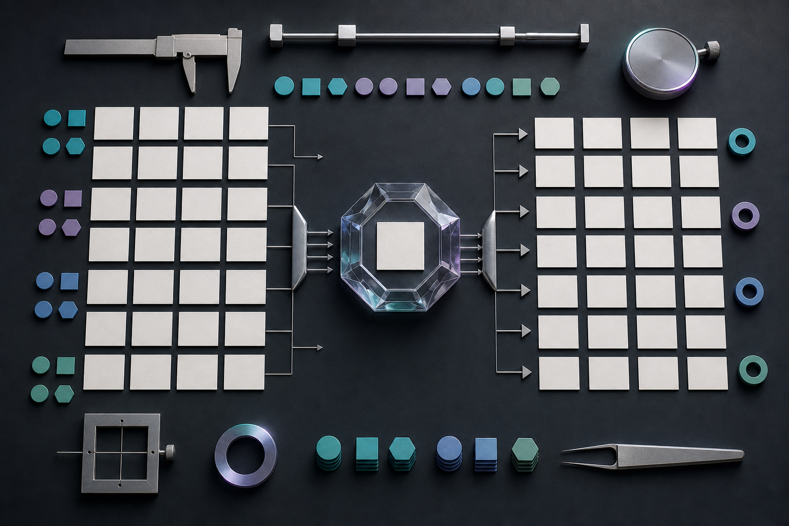 Blank cards, abstract category tokens, measuring tools, and a crystalline device are arranged as a repeatable prompt-testing system on a dark table.