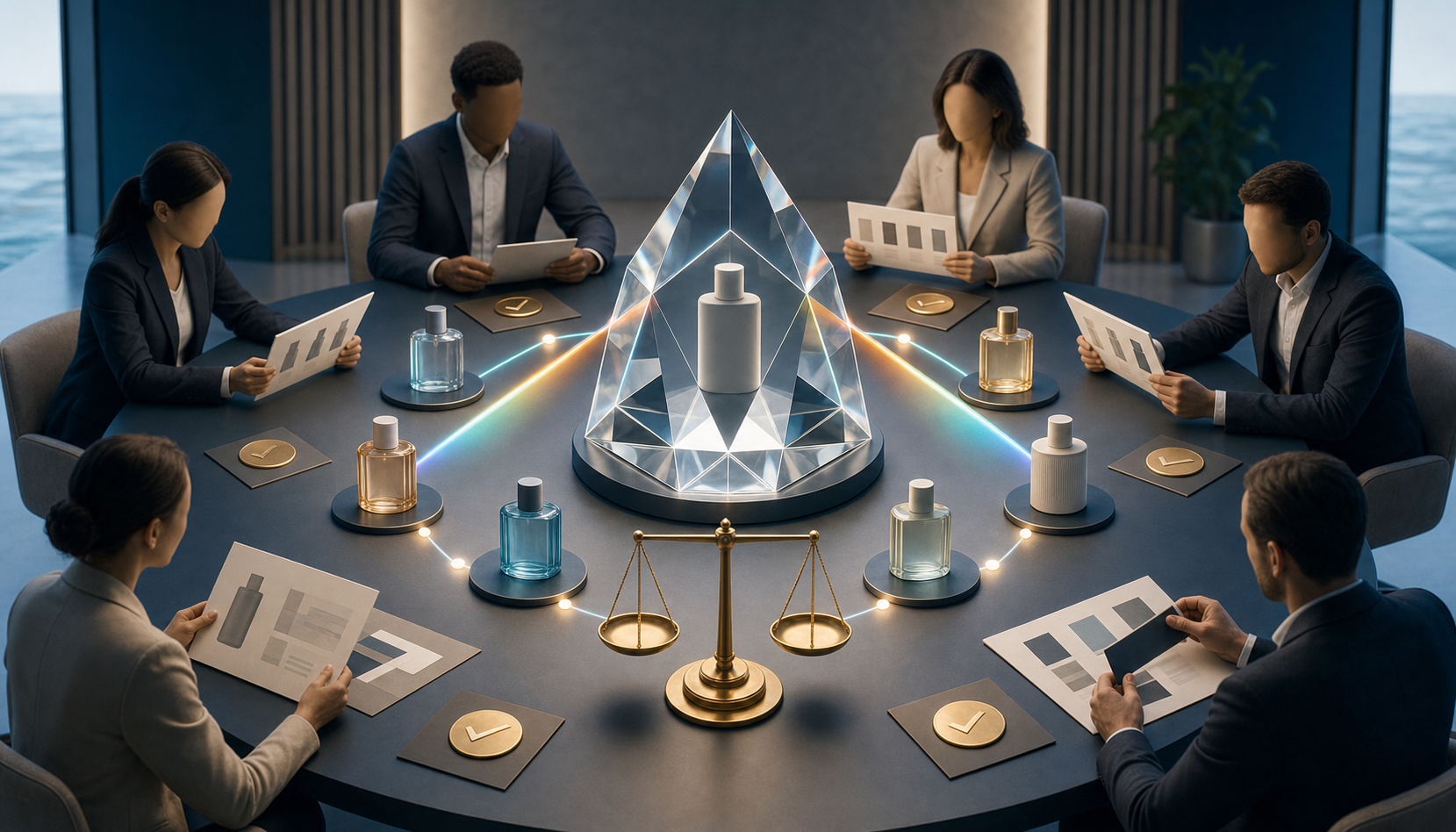 Professionals review multiple refracted interpretations of a generic product around a central glass prism, with evidence materials and a balance scale nearby.