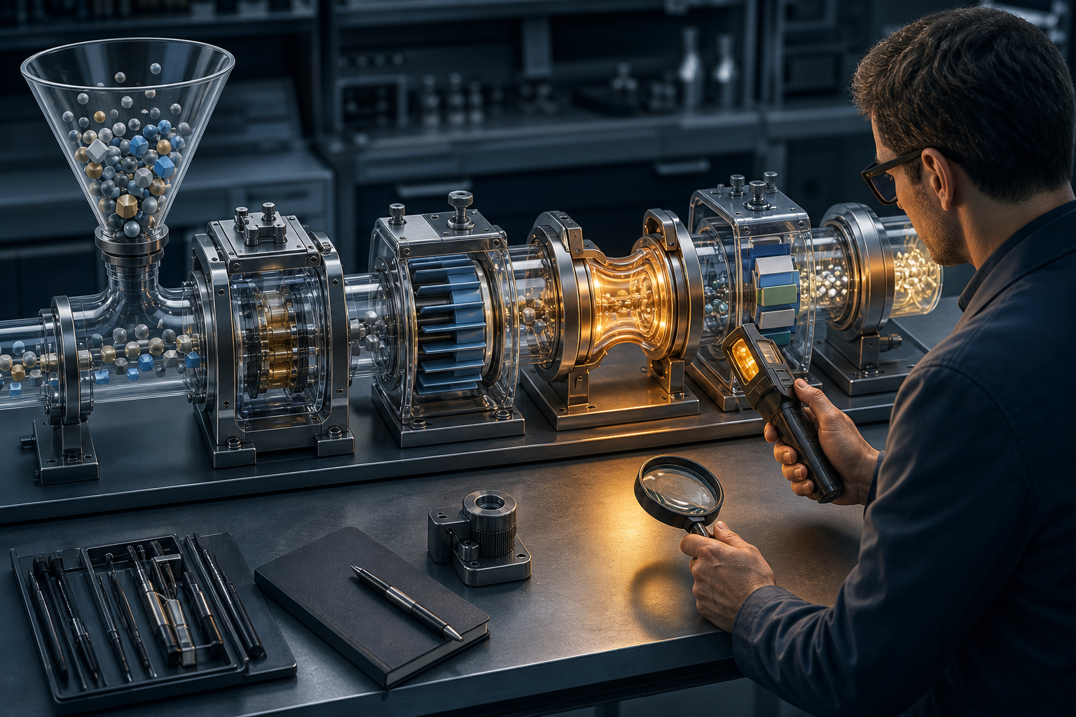 A strategist inspects a transparent campaign pipeline where one misaligned module restricts the flow of audience signals.