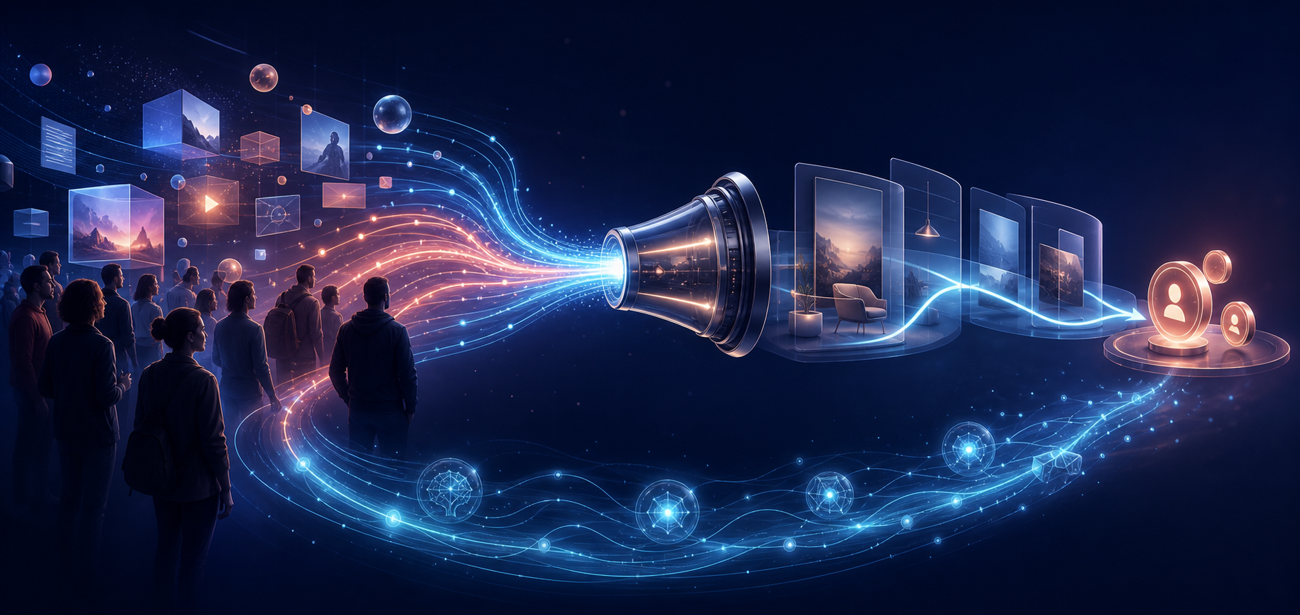 Audience figures, media touchpoints, a search mechanism, and conversion tokens are connected by a continuous loop of glowing signals.