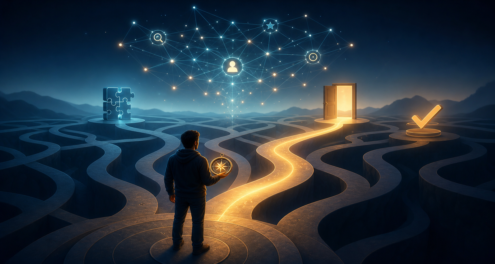 A person with a glowing compass chooses an illuminated route through branching paths beneath a network of connected signals.