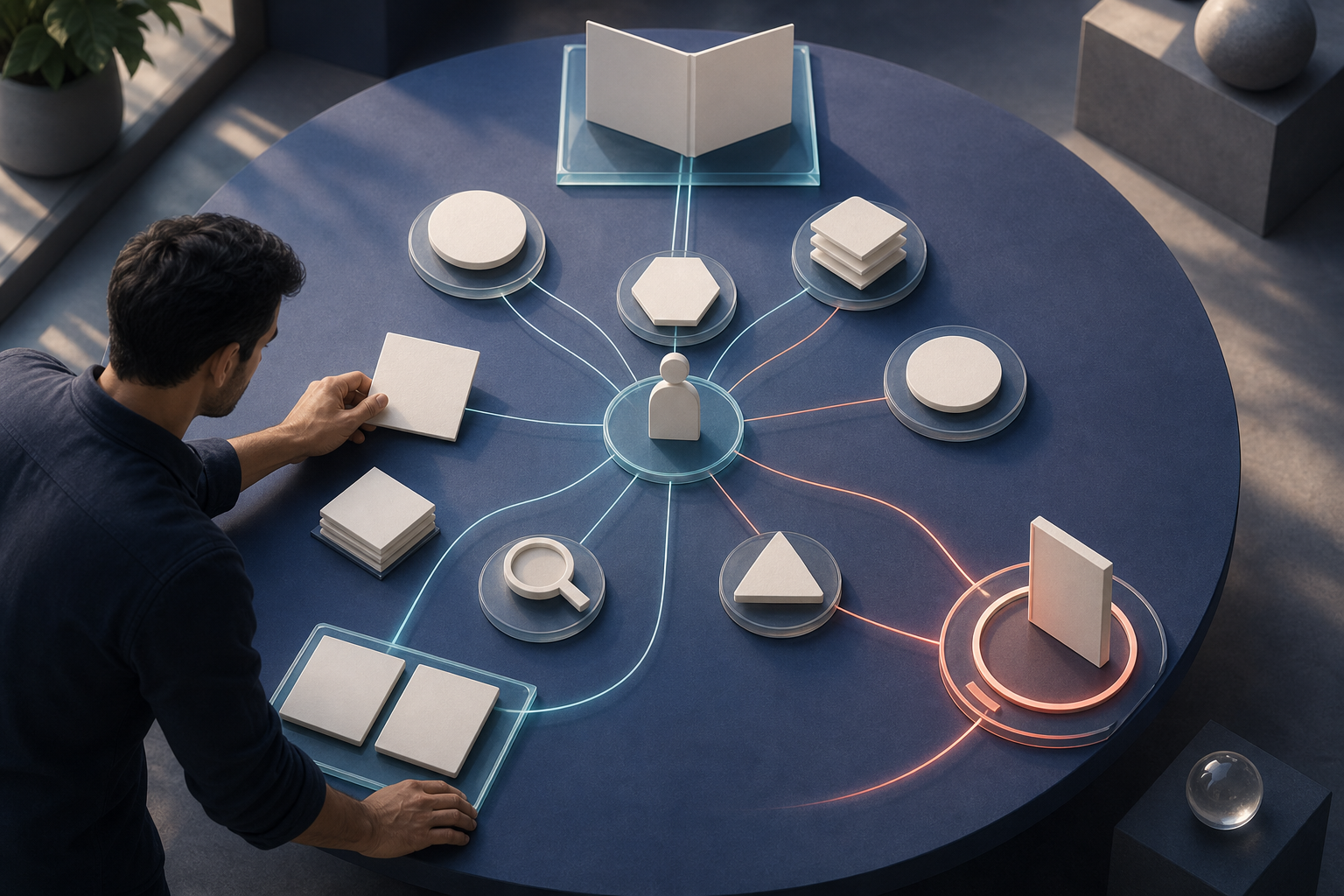 A strategist connects blank tiles and symbolic objects around a central user figure to three different content destinations.