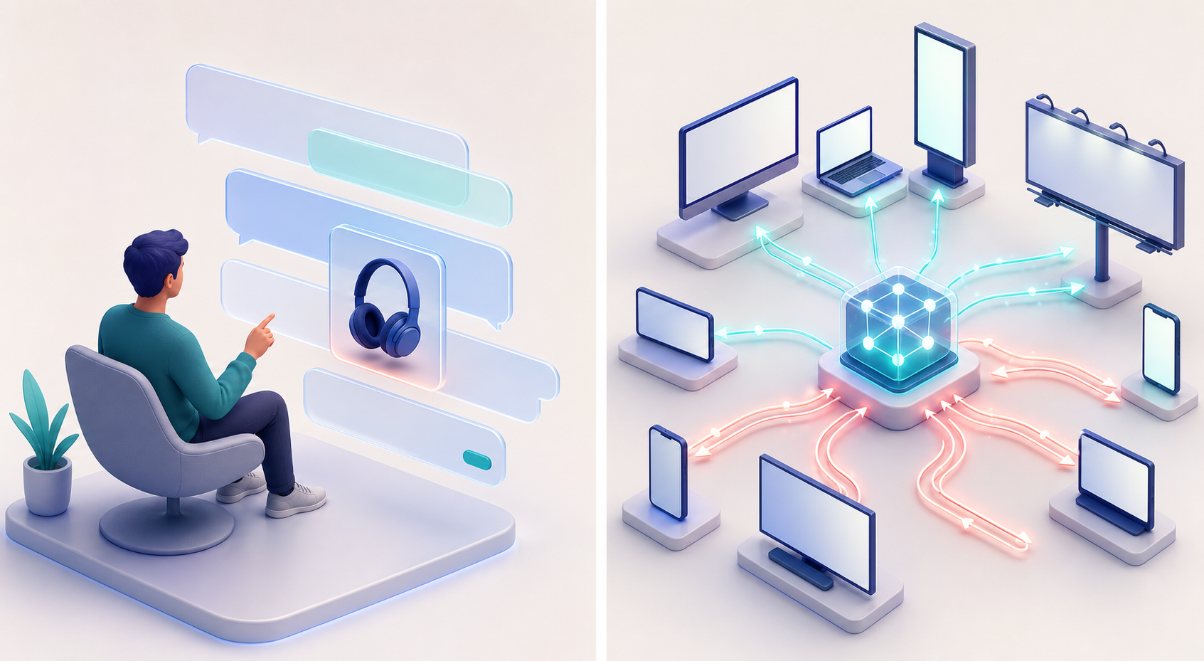A split illustration contrasts an unbranded product placed inside a text-free AI conversation with an automated system distributing campaign signals across multiple advertising surfaces.
