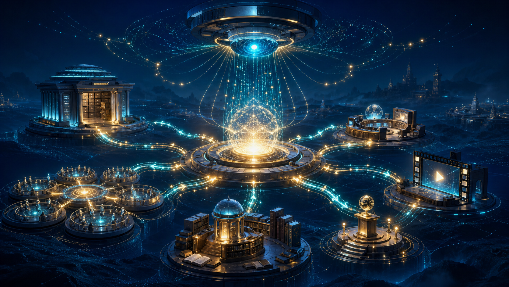 A central knowledge hub connects with a library, archive, community, news desk, video frame, and expert podium under an abstract digital lens.