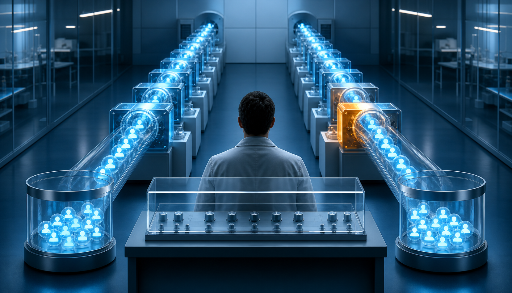 Two matched campaign test lanes carry audience tokens toward outcome vessels while an analyst observes the single highlighted difference between them.