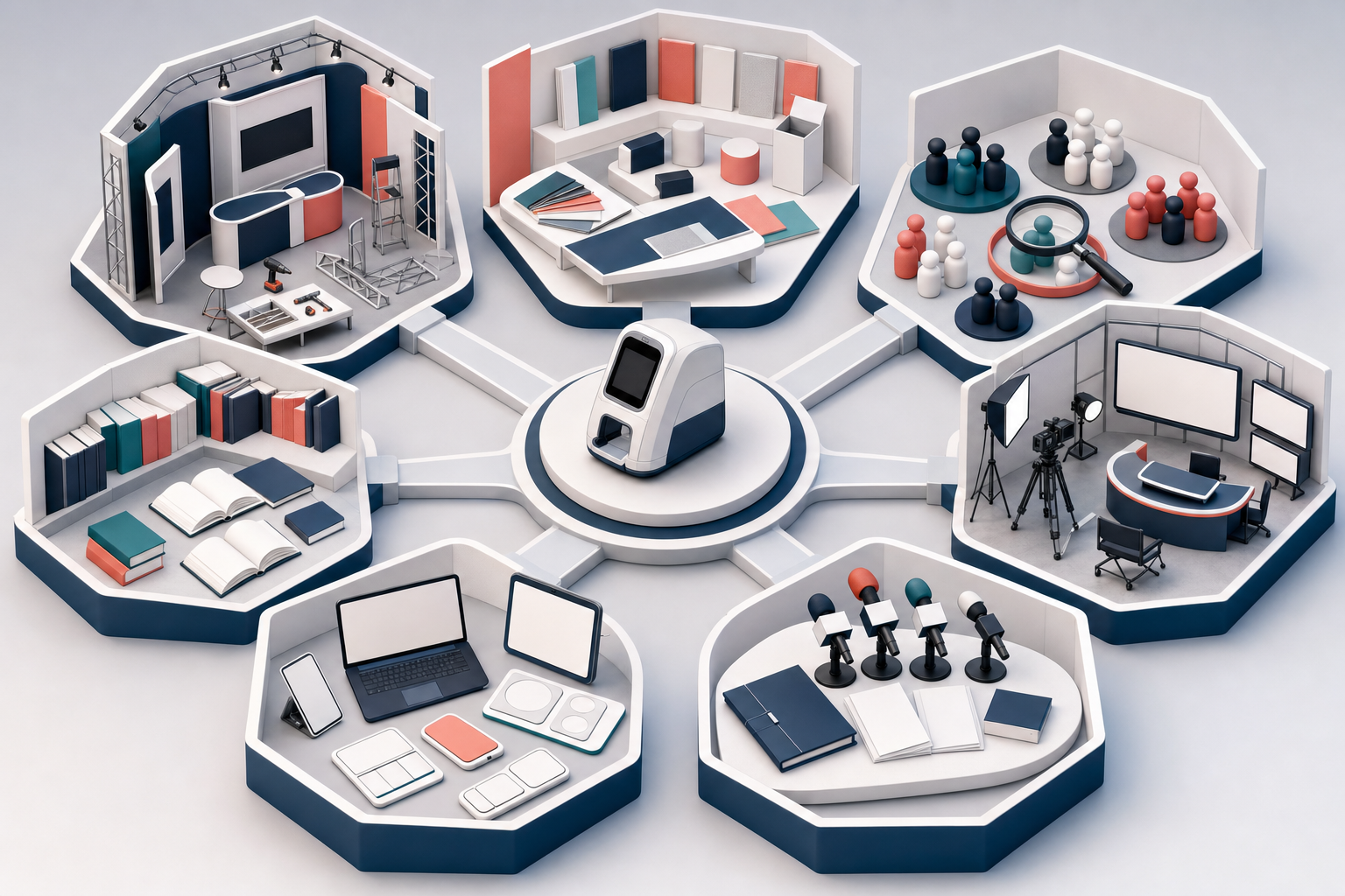 Seven different agency work areas surround a central diagnostic device, with each area represented by tools for a distinct marketing specialty.