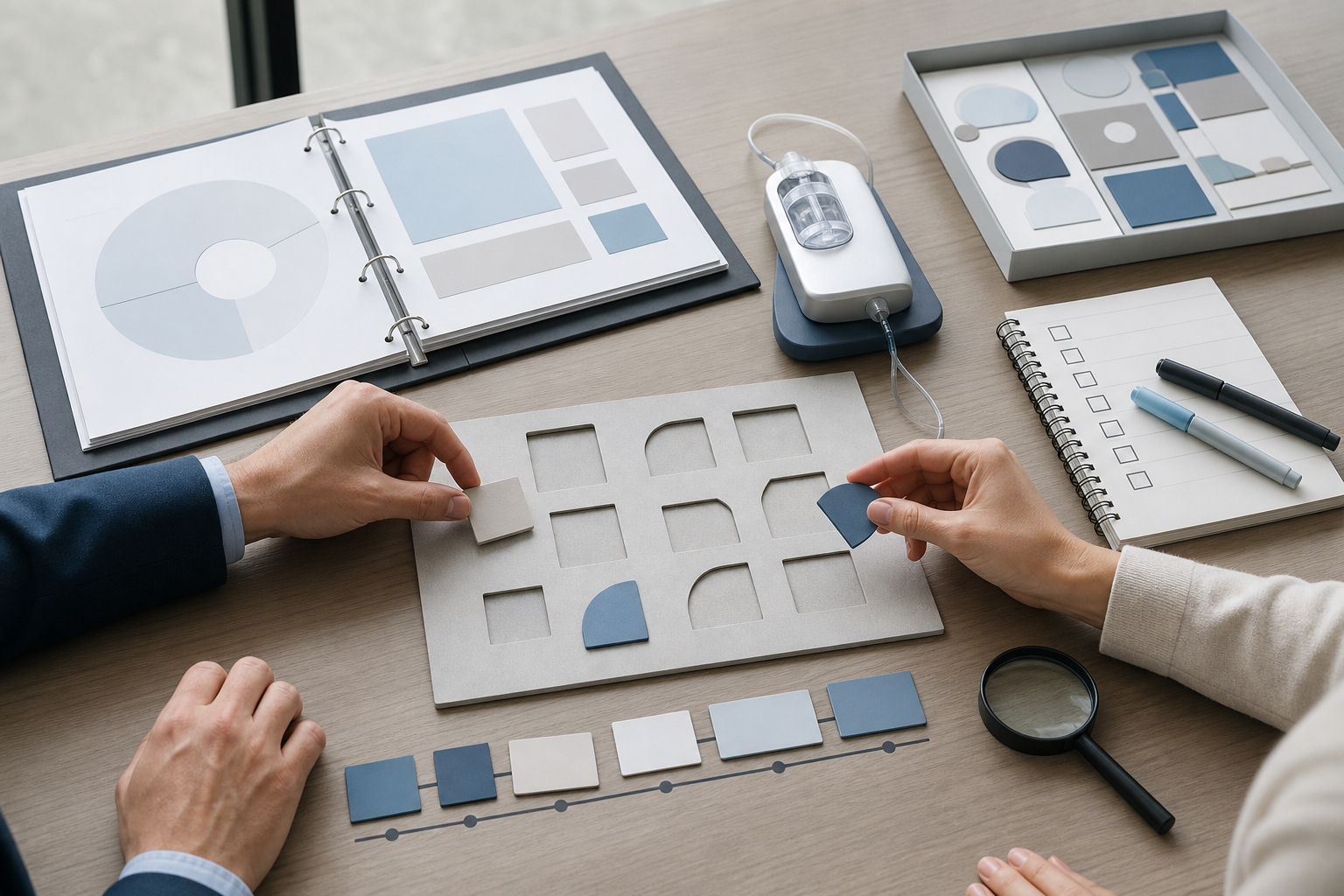 Two people evaluate unbranded project samples, process materials, and a medical device prototype on a conference table.