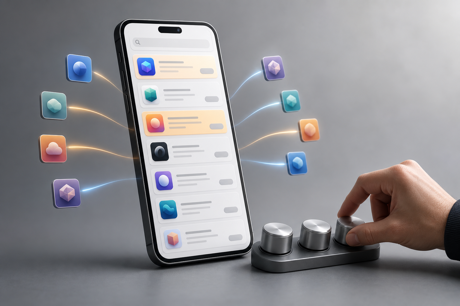 A smartphone with multiple promoted app tiles in search results sits beside a marketer's hand adjusting three control dials.
