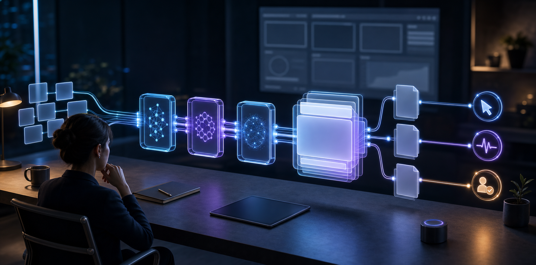 An analyst observes a luminous sequence linking prompt tiles, AI answer panels, source documents, and outcome signals.