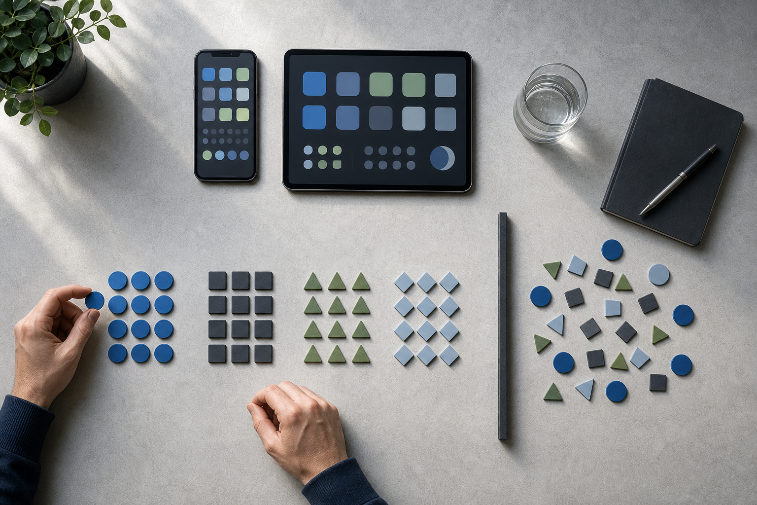 A marketer's hands organize four groups of campaign tokens beside a phone and tablet, with loose tokens arriving beyond a divider.