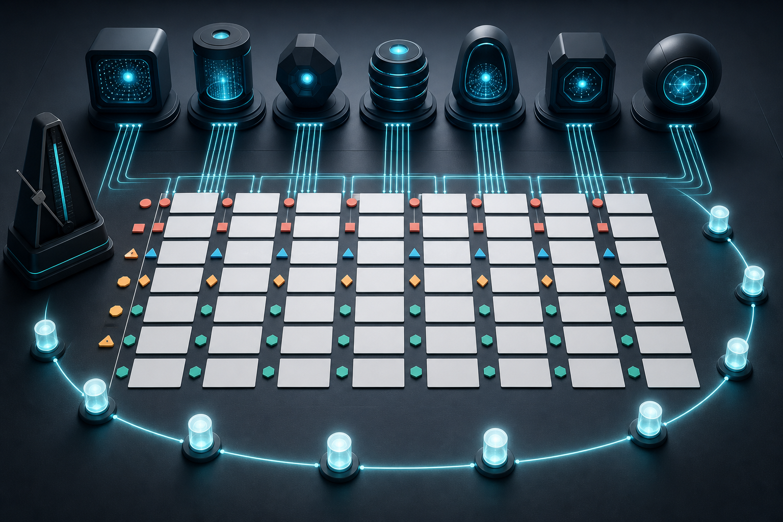 Blank prompt cards with color-coded tokens are arranged in a grid and connected to several abstract AI terminals.