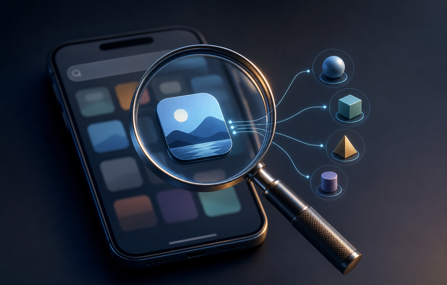 A magnifying lens brings one app tile into focus on a smartphone while surrounding tiles remain blurred and connected category cues suggest relevance.
