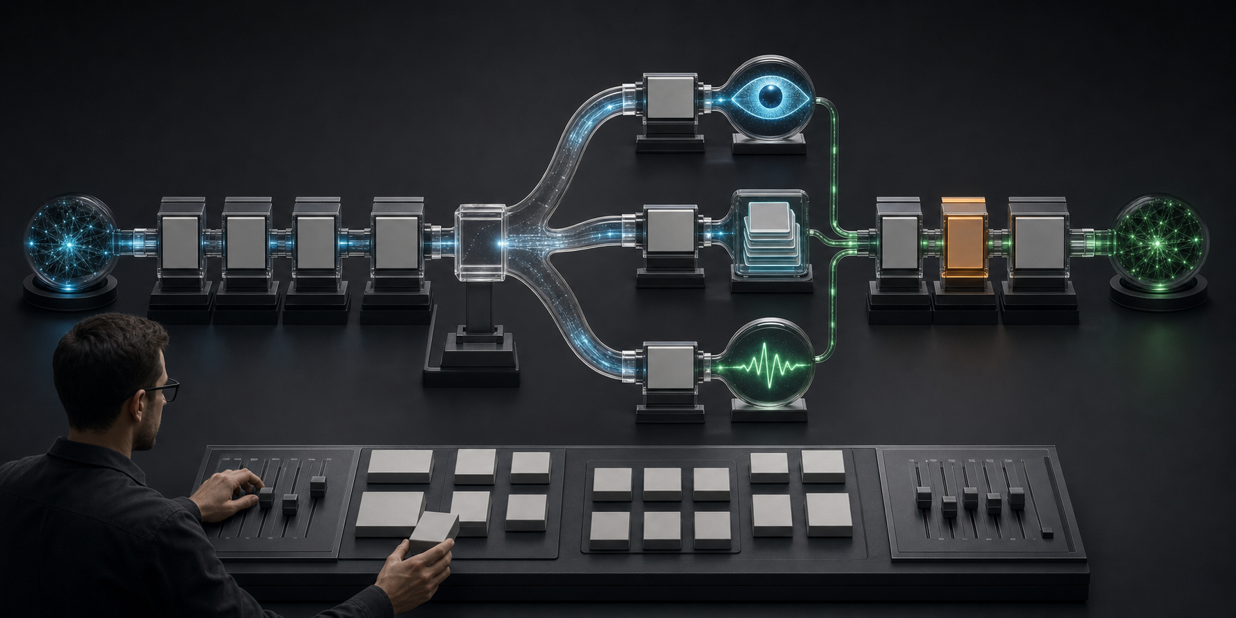 An analyst compares two branching measurement pathways while changing one modular content component in a controlled setup.