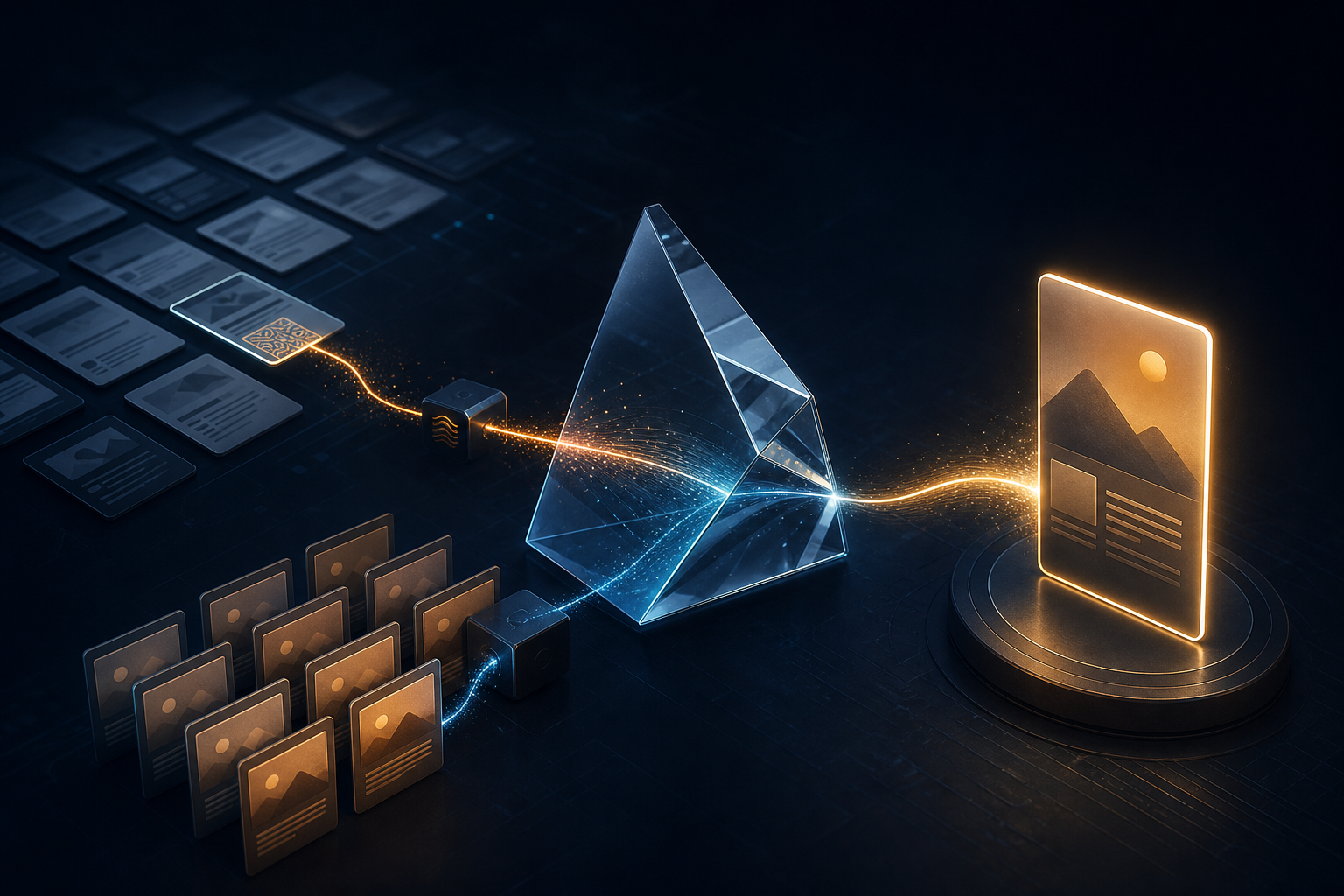 A translucent AI prism receives coordinated inputs from altered web pages and repeated promotional sources, then produces a glowing recommendation card.