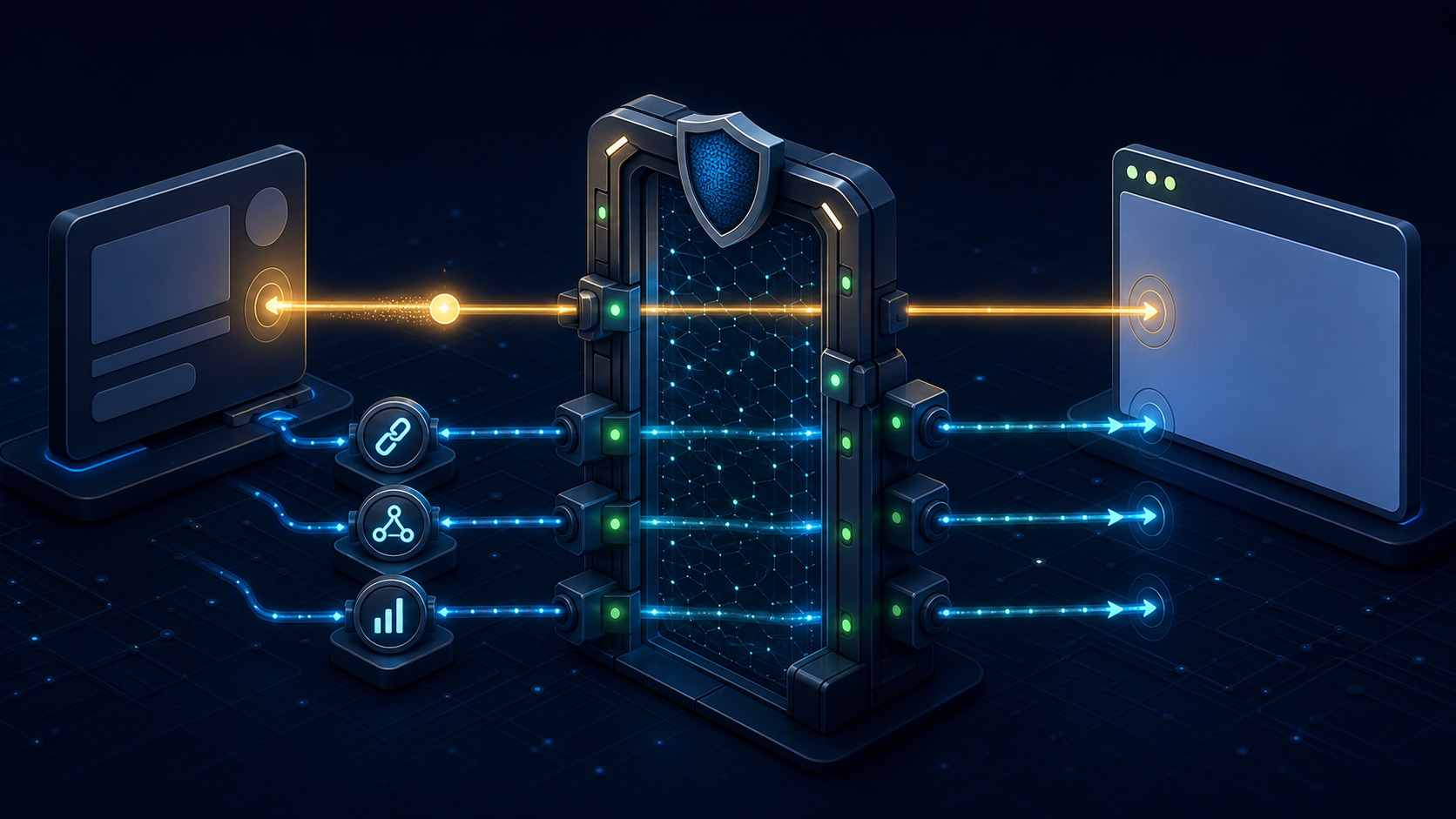 A glowing click signal passes through a verification gateway before reaching a landing page, with three connected data paths and green status lights.