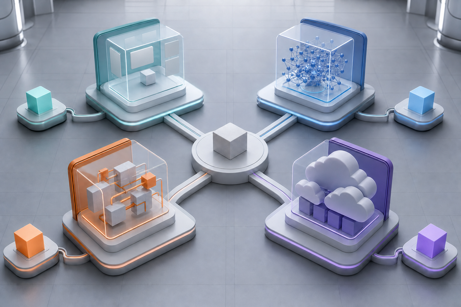 Four distinct AI software workstations connect to the same central business task for a role-based comparison.