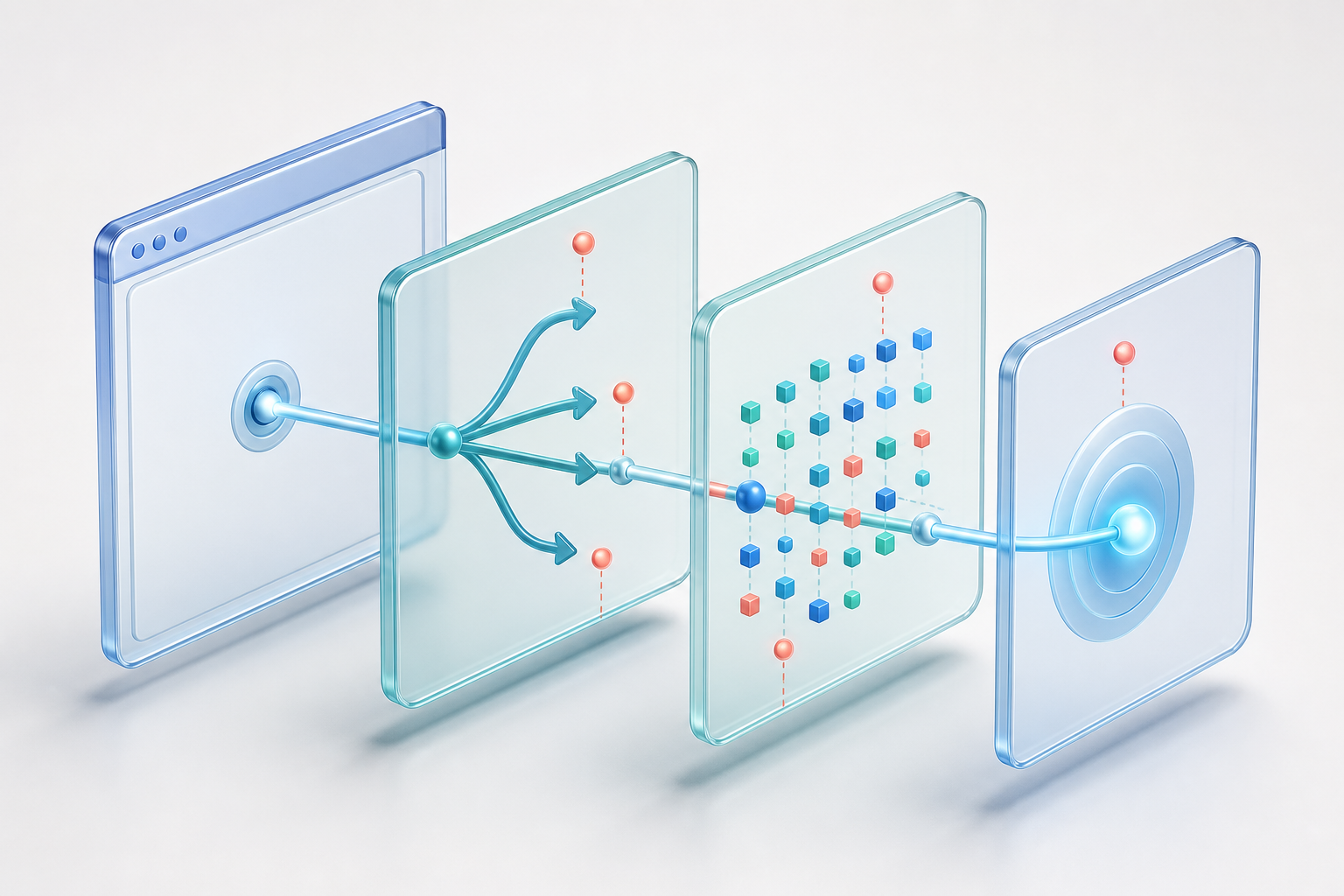 Four transparent layers align to form one link path, connecting a destination window, redirect arrows, tracking tokens, and a measurement beacon.