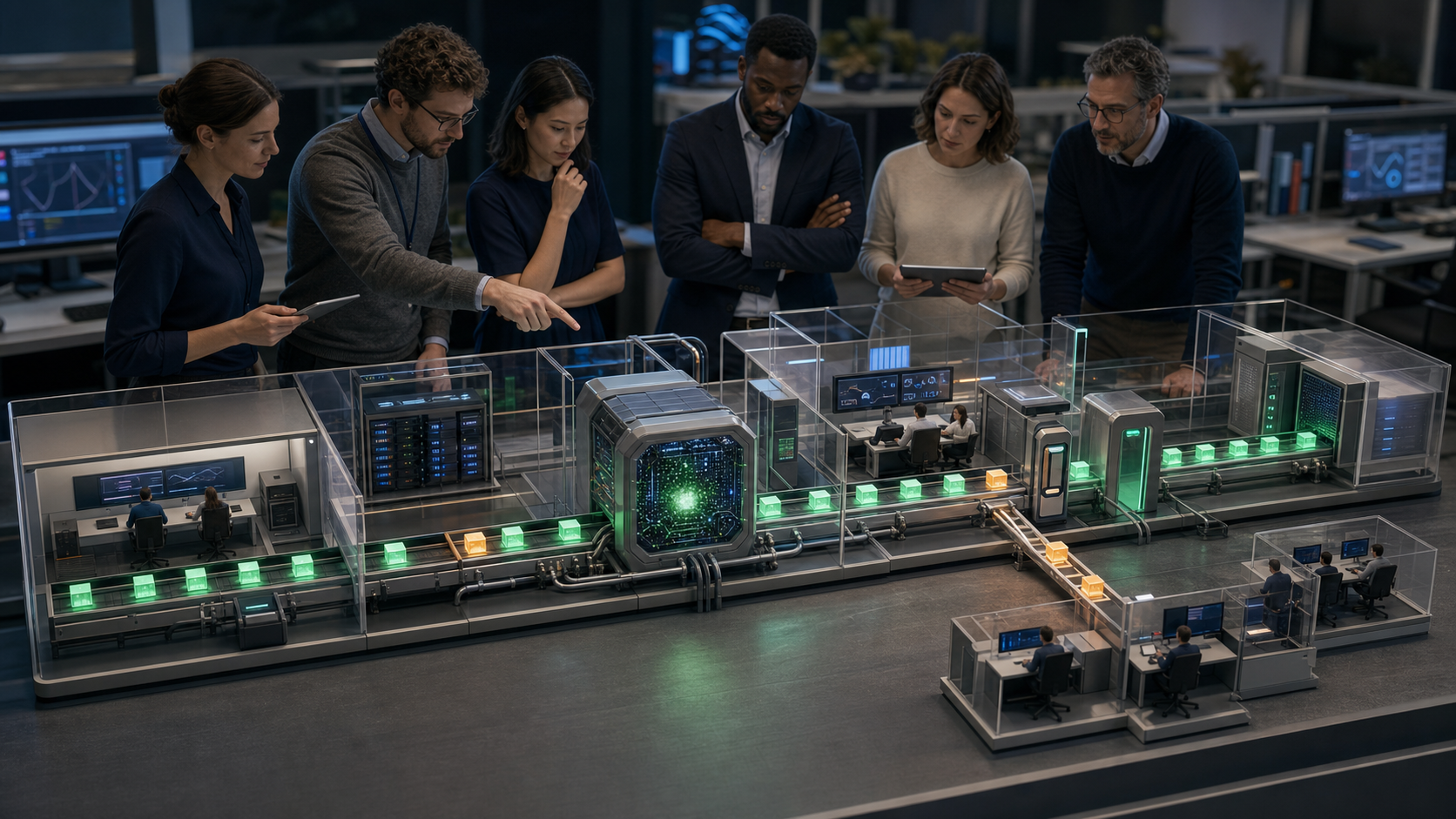 A business and engineering team observes an AI proof-of-concept moving through security, human review, monitoring, and final delivery stages.