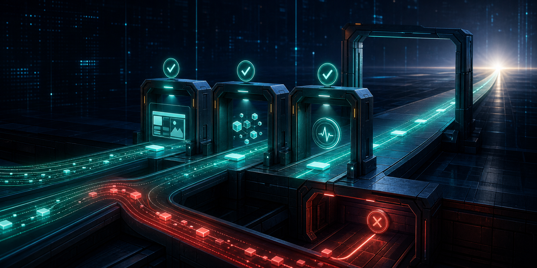 Several digital click paths enter a three-stage checkpoint, where a verified teal path passes through an open gate and a red path is diverted for review.
