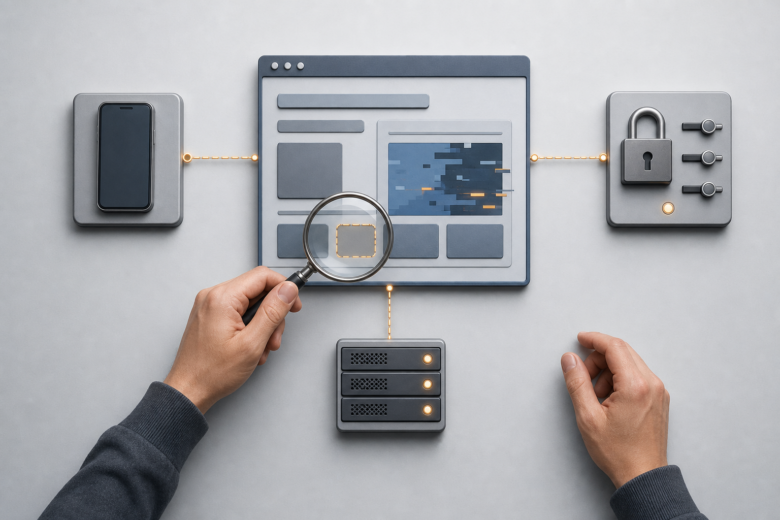 A hand examines a malfunctioning generic campaign interface beside device, settings, and server diagnostic objects.