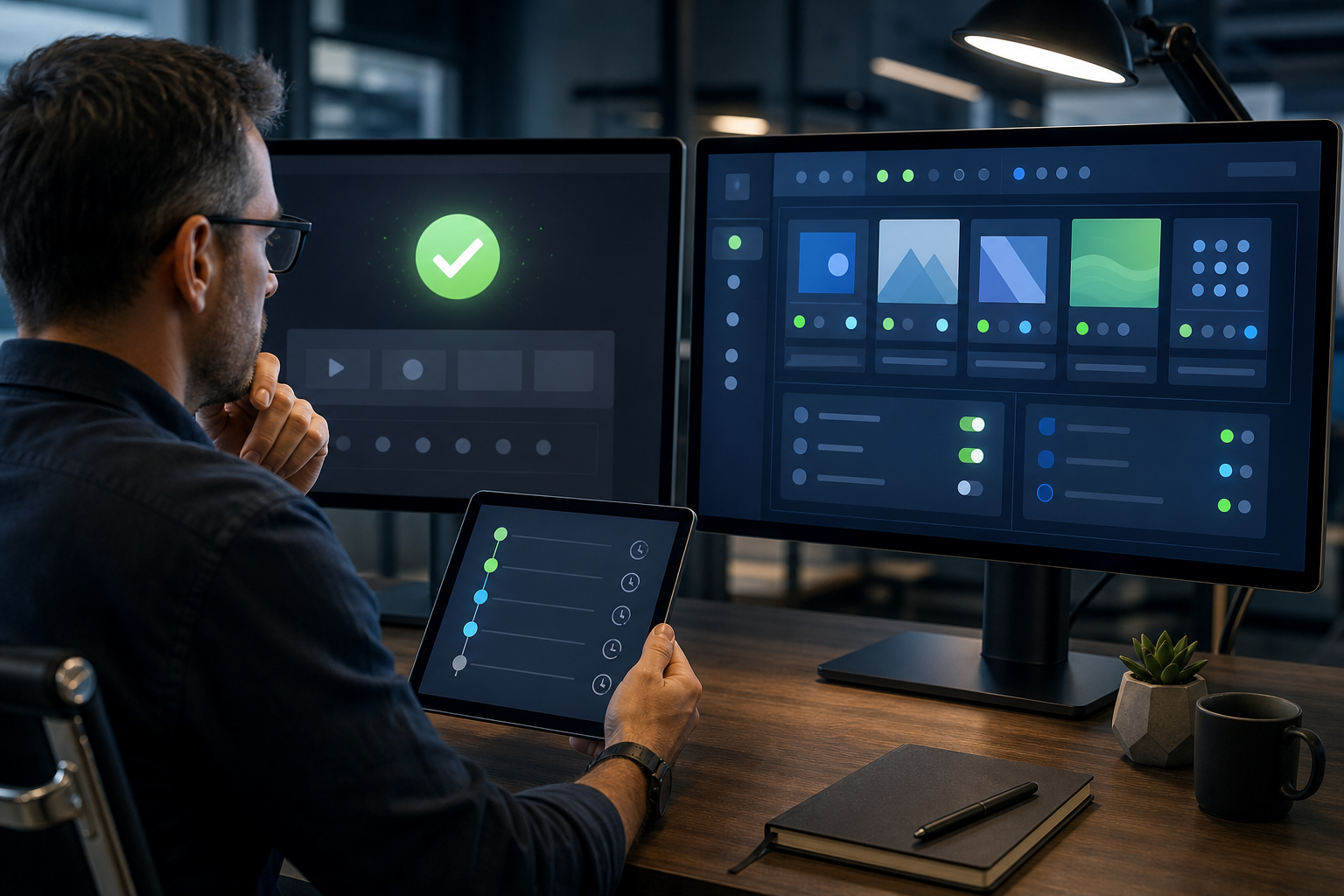 A specialist compares a symbolic success indicator on one screen with the actual campaign settings shown on another screen.
