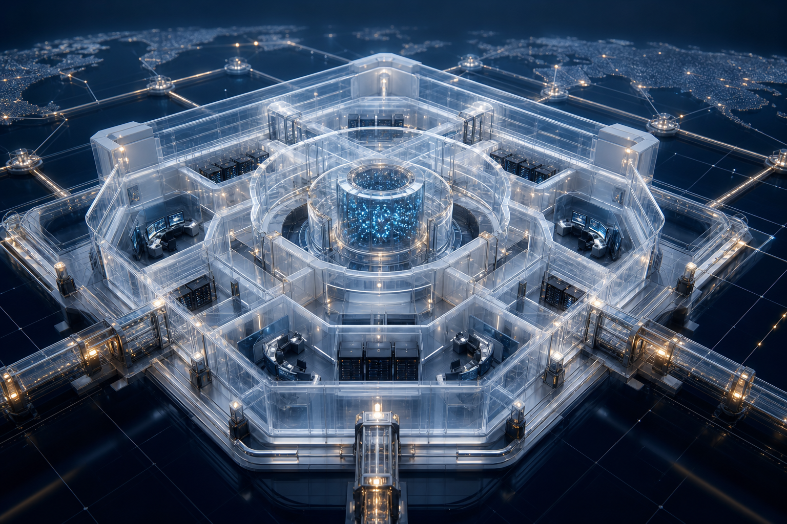 A transparent digital facility shows a protected server core, layered access controls, oversight stations, and controlled links to an outside network.