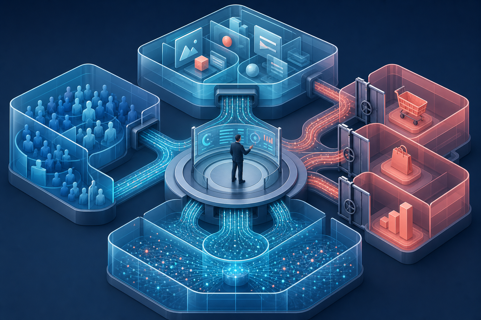 A strategist examines connected campaign modules divided by adjustable gates that balance shared learning with control.