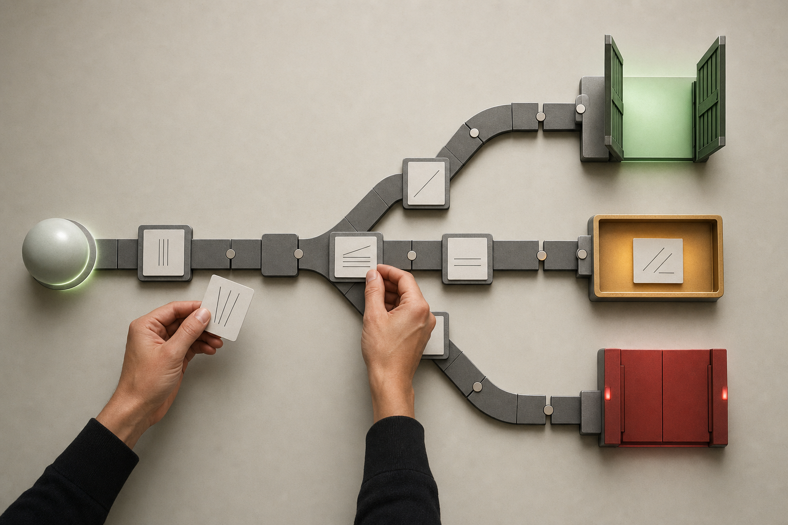Hands sort abstract document cards through green, amber, and red decision paths for supported, uncertain, and unsupported material.