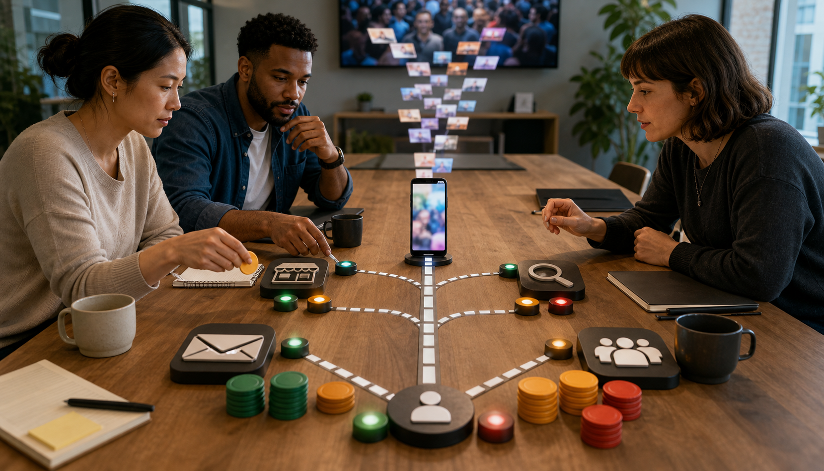 Three marketers review branching routes from a smartphone to several backup channels, with colored status lights and movable budget tokens on the table.