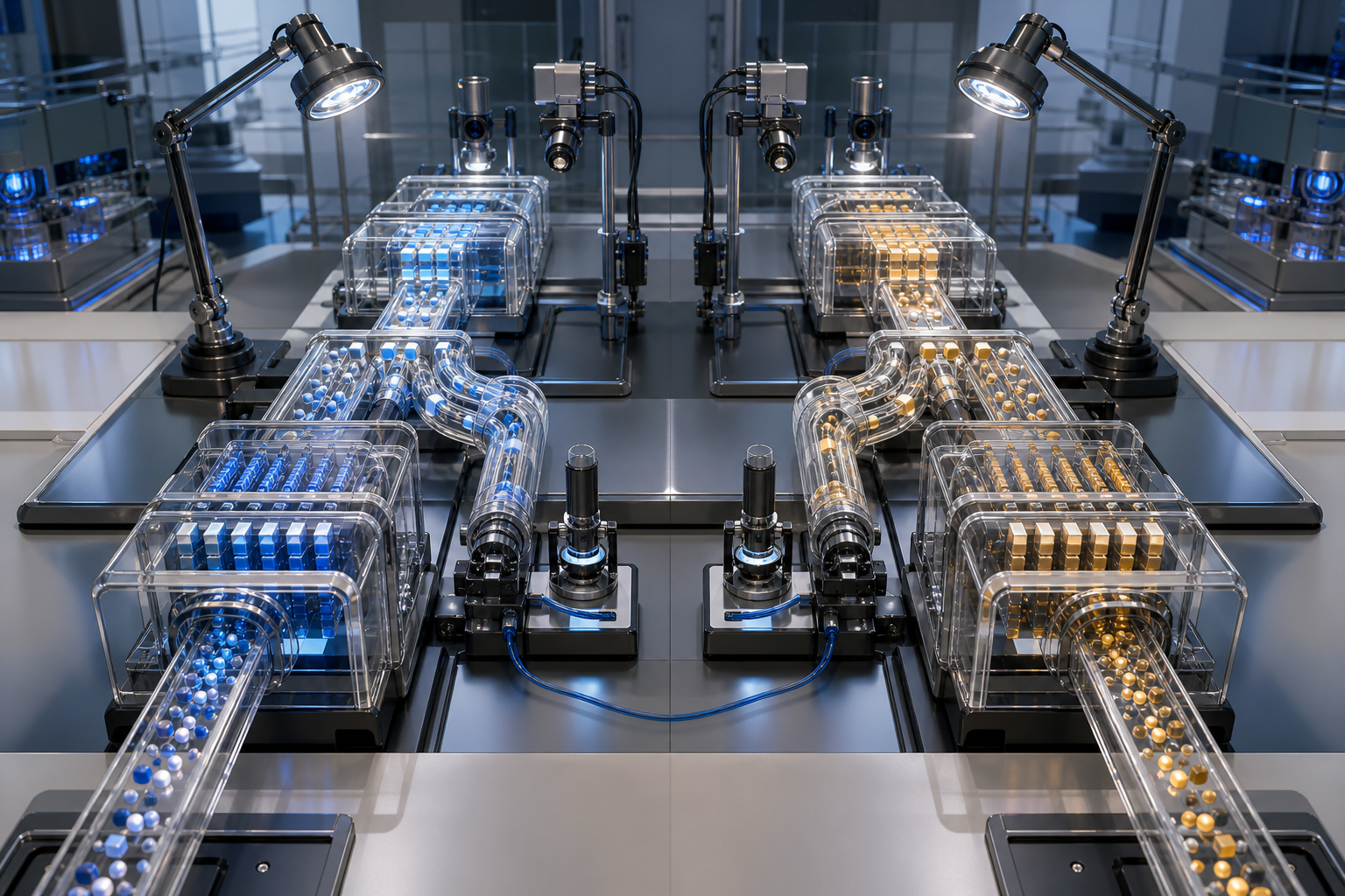 Two transparent search and advertising pipelines are examined side by side with sensors, ranking modules, distribution junctions, and privacy filters in a digital laboratory.