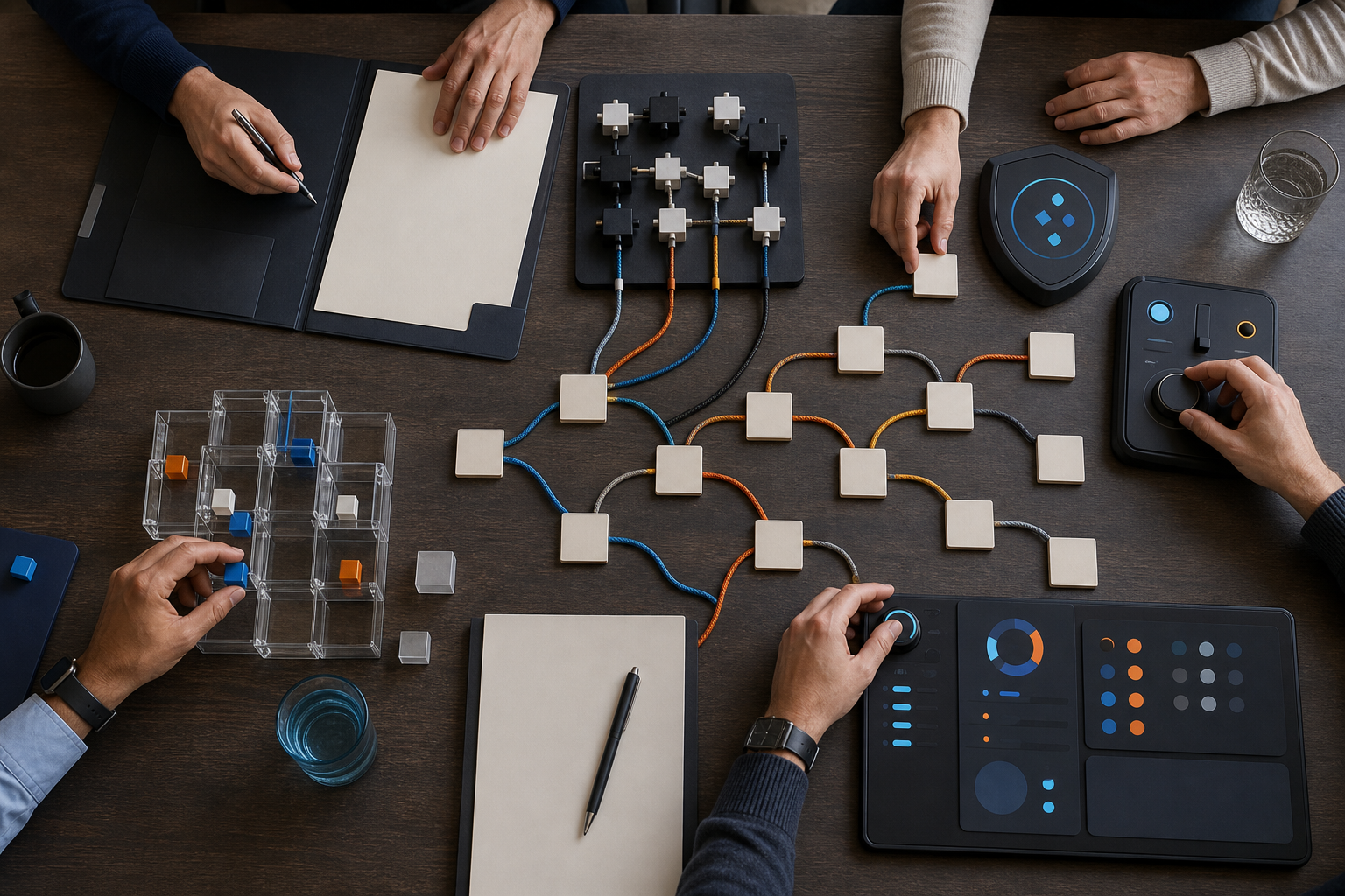 Hands organize blank contract materials, API modules, data controls, a sandbox model, monitoring lights, and contingency paths on a conference table.
