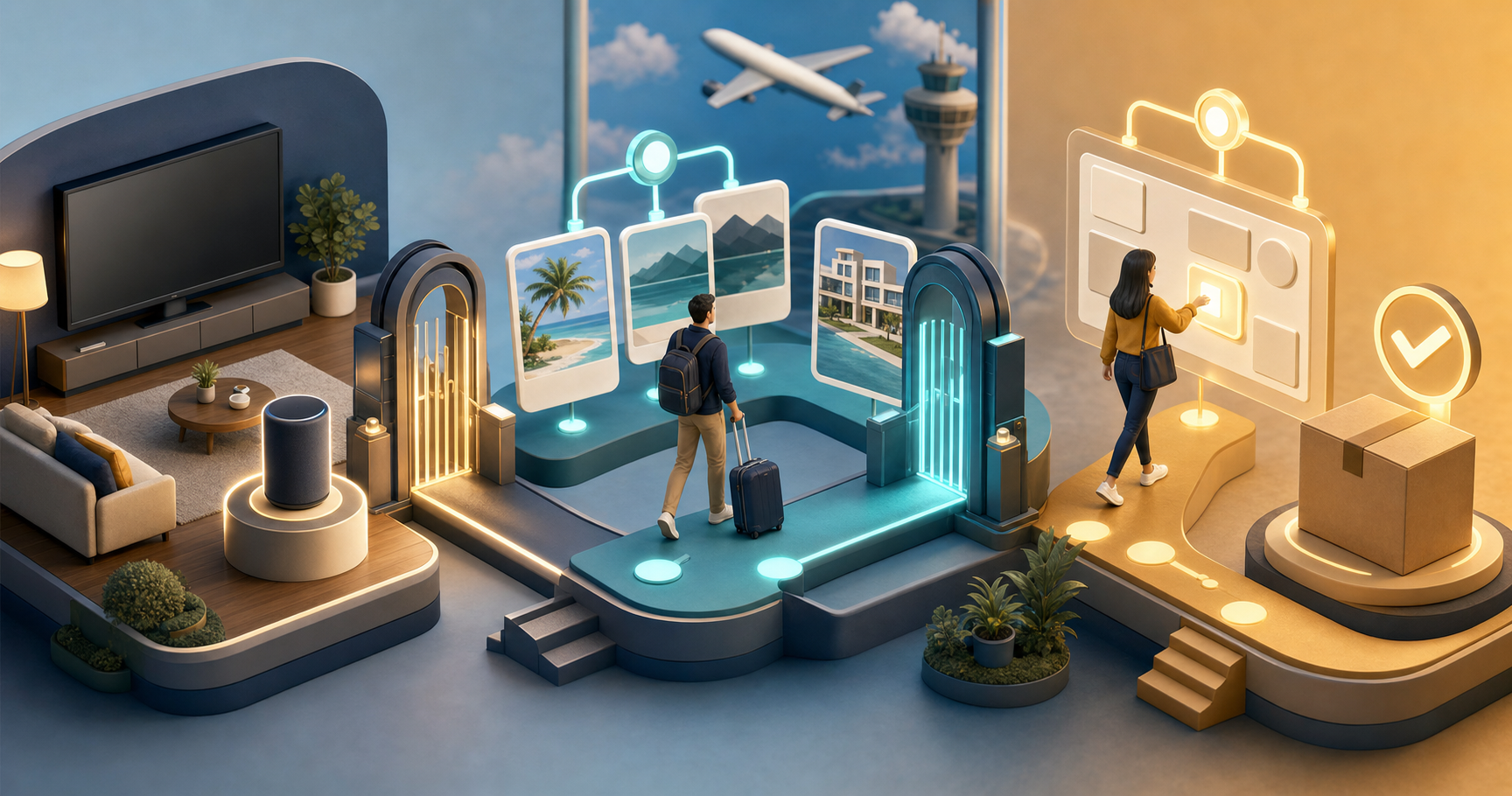 Three connected scenes show television shopping, adaptive travel offers, and a search-to-purchase path overcoming different journey obstacles.