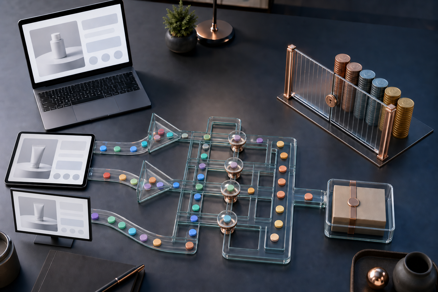 A desk with connected devices, interaction tokens, measurement checkpoints, and budget tokens waiting behind a transparent gate.