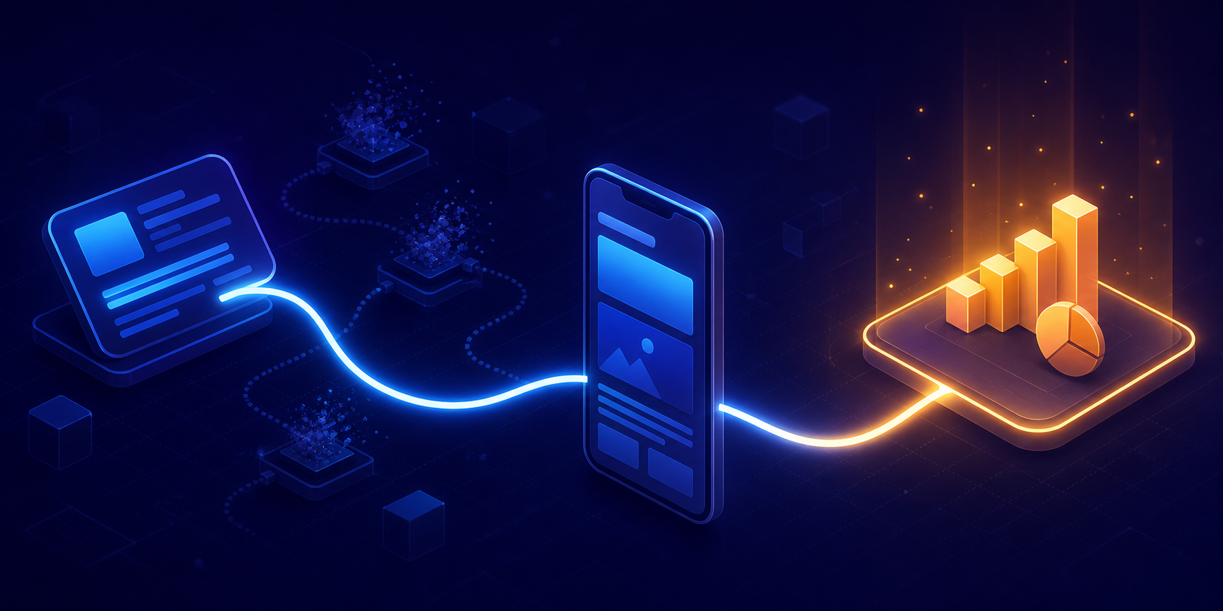 A mobile visit follows a single direct path from a search result card to a publisher page and measurement hub.