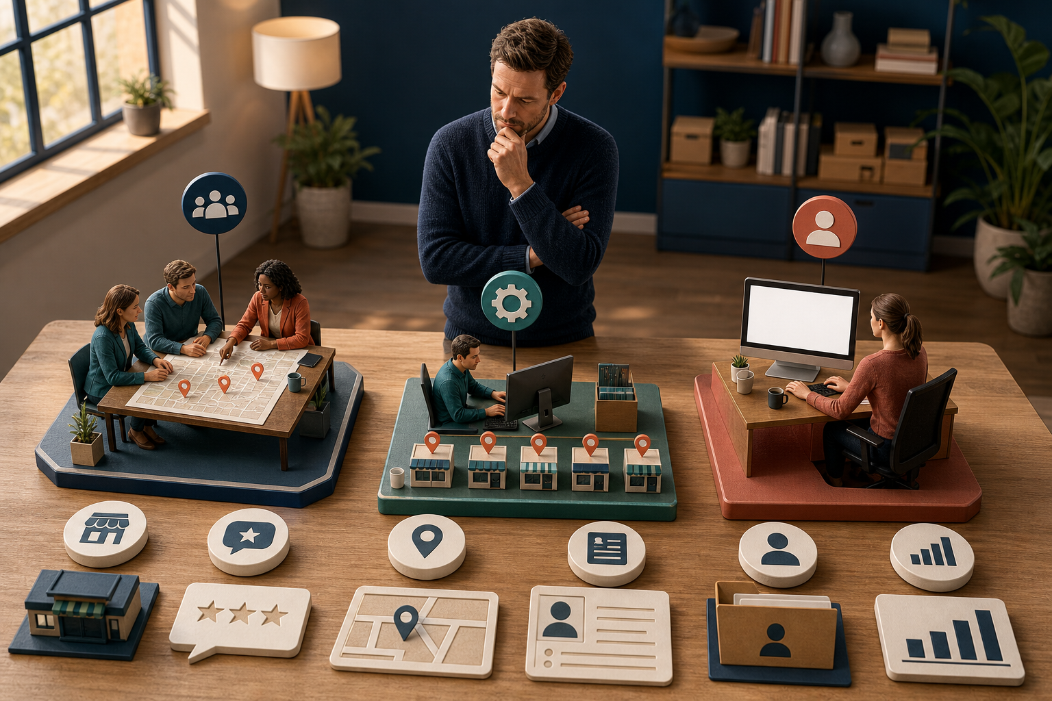 A business decision-maker compares three miniature local marketing service models arranged around a table with maps, storefront markers, review symbols, and reporting screens.