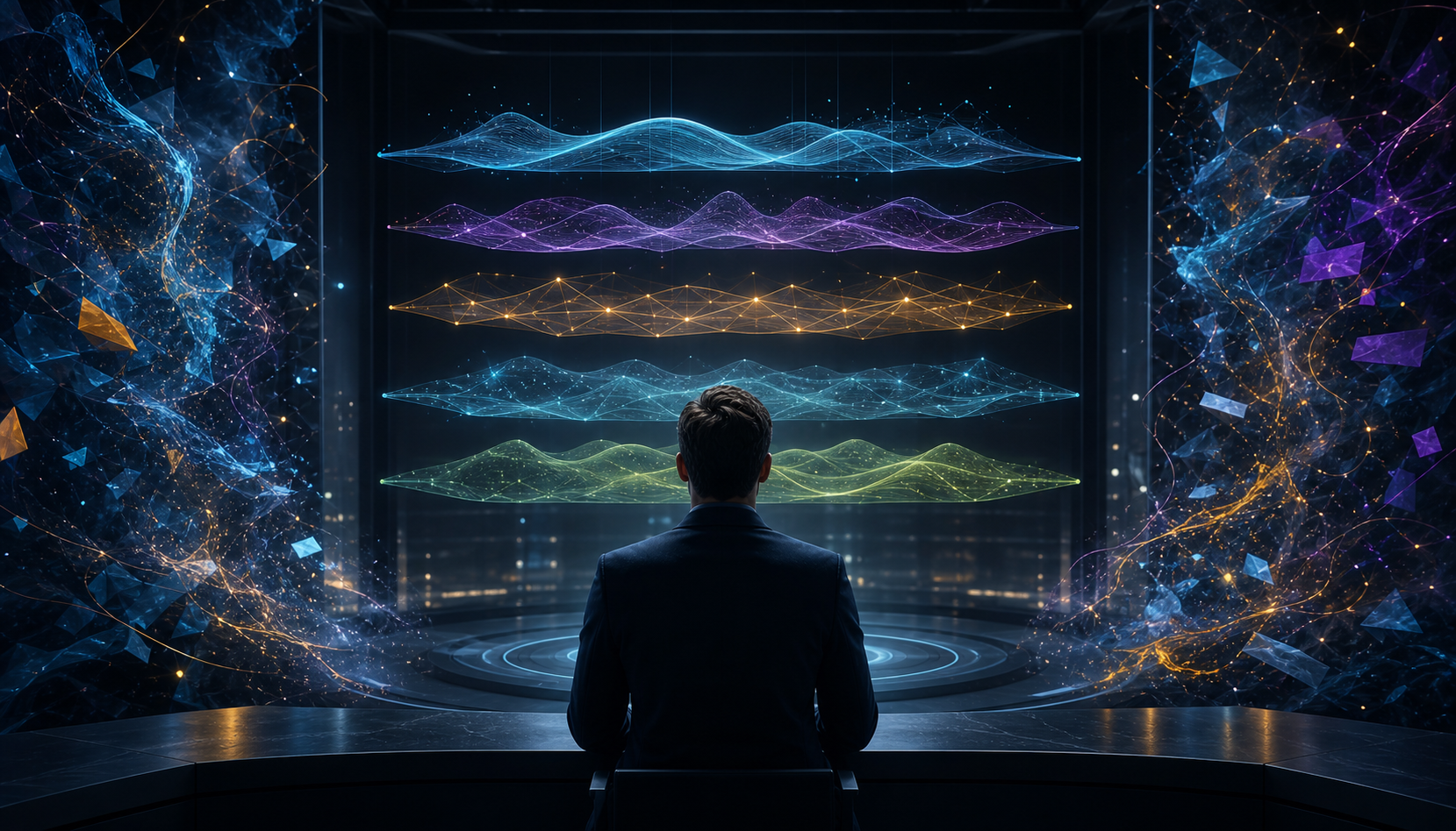 An analyst observes five translucent layers of colored signals while luminous fragments and pathways shift around a dark control room.
