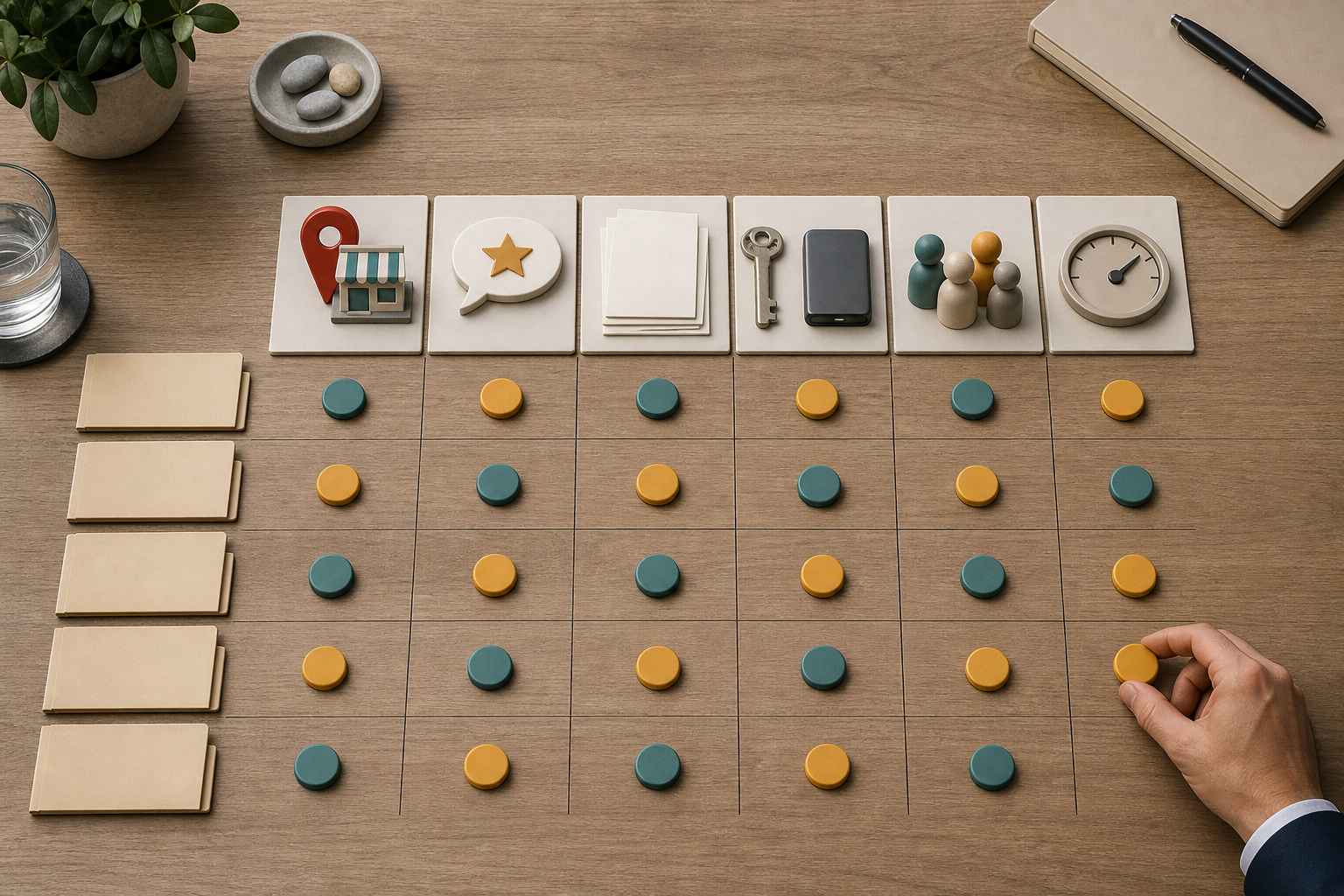 A hand places evaluation tokens beside unbranded proposal folders and objects representing maps, reviews, content, account access, team capacity, and reporting.