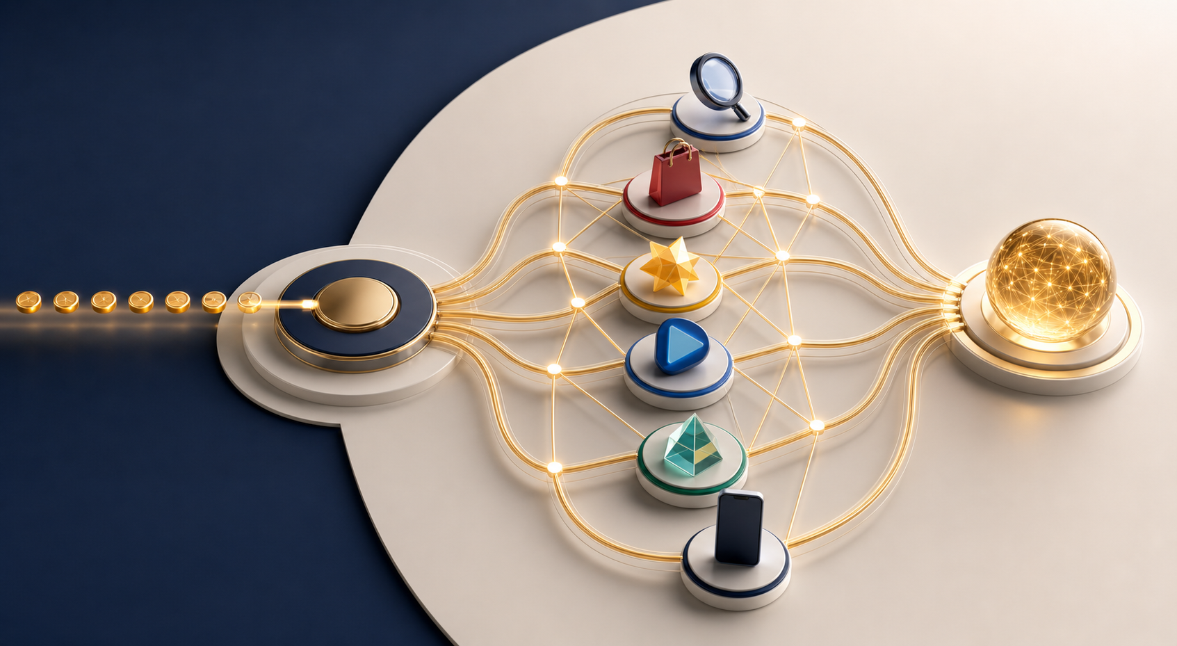 A stream of gold tokens divides among six interconnected advertising pathways and reconverges at one glowing outcome sphere.