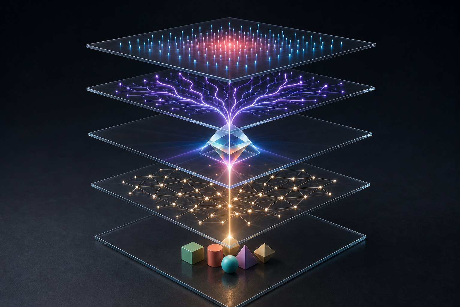 Five transparent planes form an exploded stack containing pulses, branching routes, a prism, a constellation, and solid geometric shapes.
