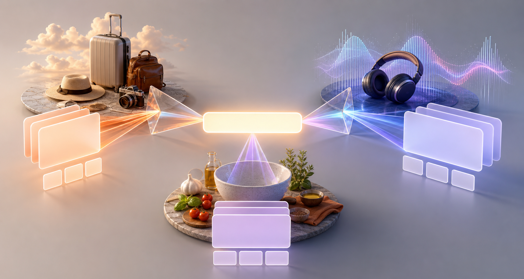 A central blank search panel branches through translucent prisms into three personalized settings with different answer and source cards.
