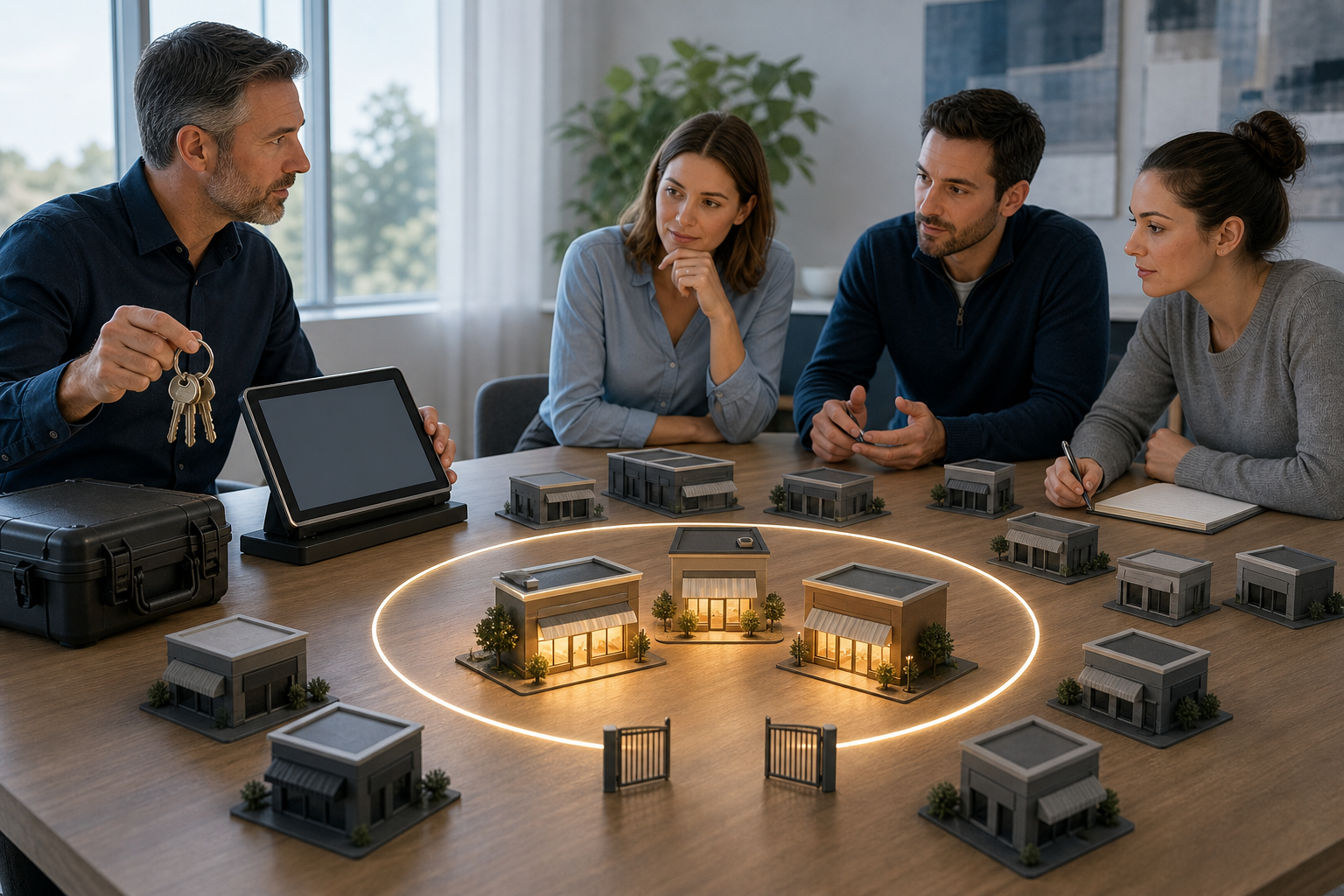 A business owner and agency team examine three illuminated miniature storefronts inside a transparent pilot boundary while account keys and data remain with the owner.