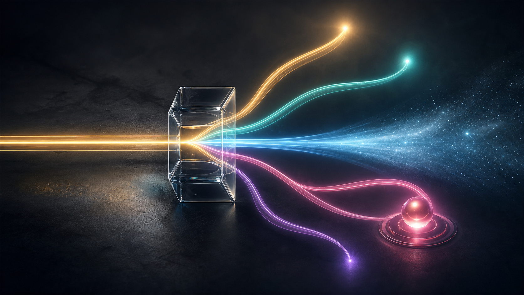 A steady ribbon of light enters a glass junction and divides into paths that rise, descend, spread into mist, and reach a glowing object.