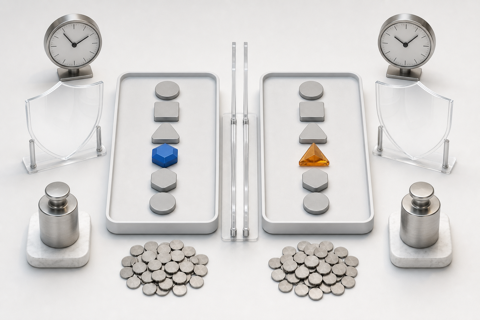 Two balanced experiment trays contain matching campaign modules with one controlled difference between them.