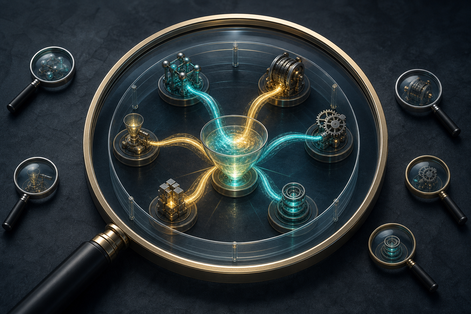 A large magnifying lens frames an interconnected campaign system while smaller lenses point toward its individual components.