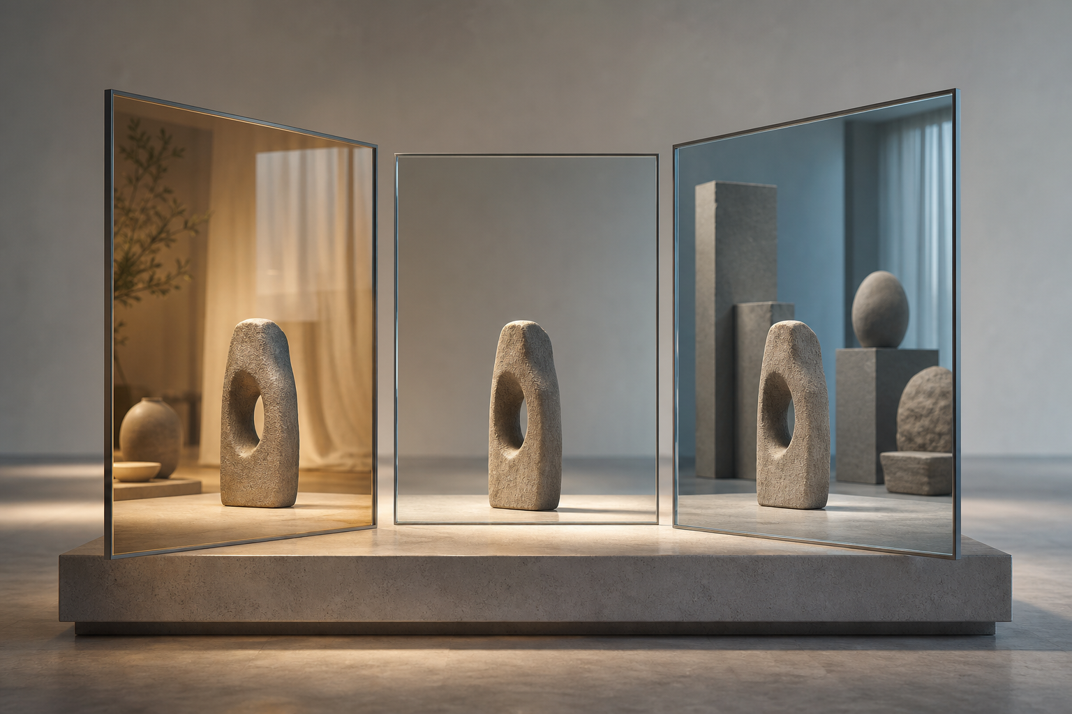 The same unbranded object appears through three transparent frames that emphasize different contexts and perspectives.