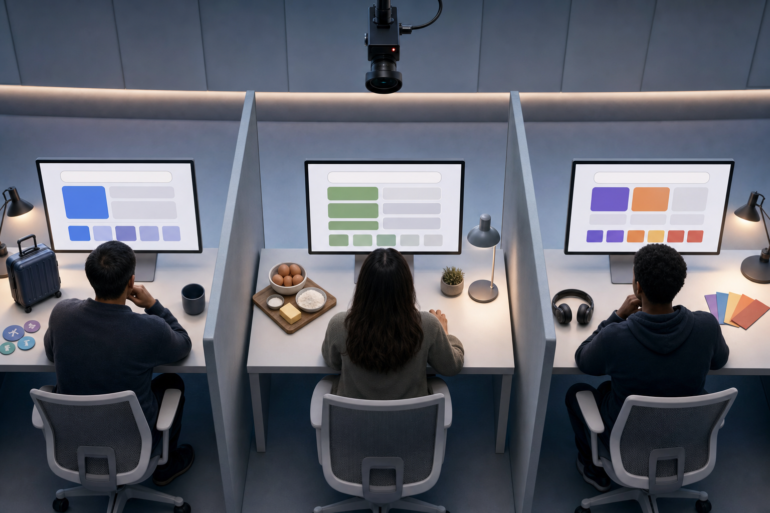 Three researchers test the same blank query on separate computers that show different answer blocks and source tiles.