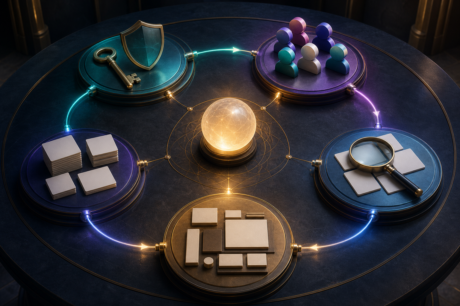 Five connected workstations form a loop using objects for access checks, context testing, citation review, content editing, and answer comparison.