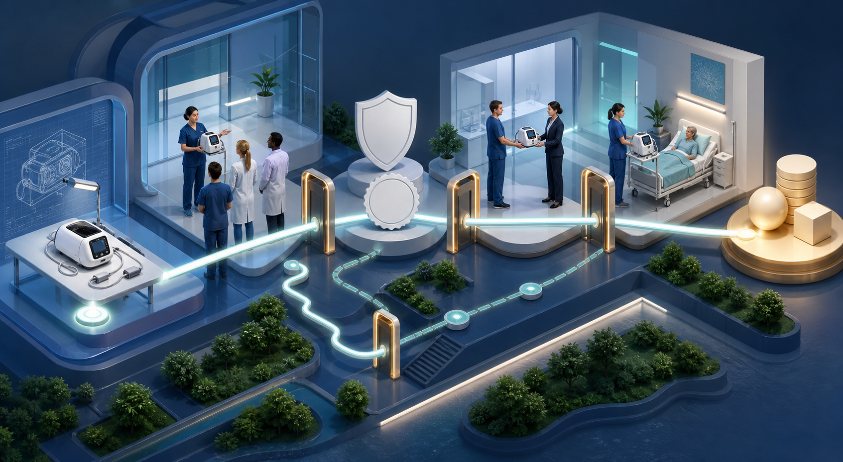 An illustrated medtech revenue path connects a device demonstration, compliance review, hospital procurement, clinical use, and revenue tokens.